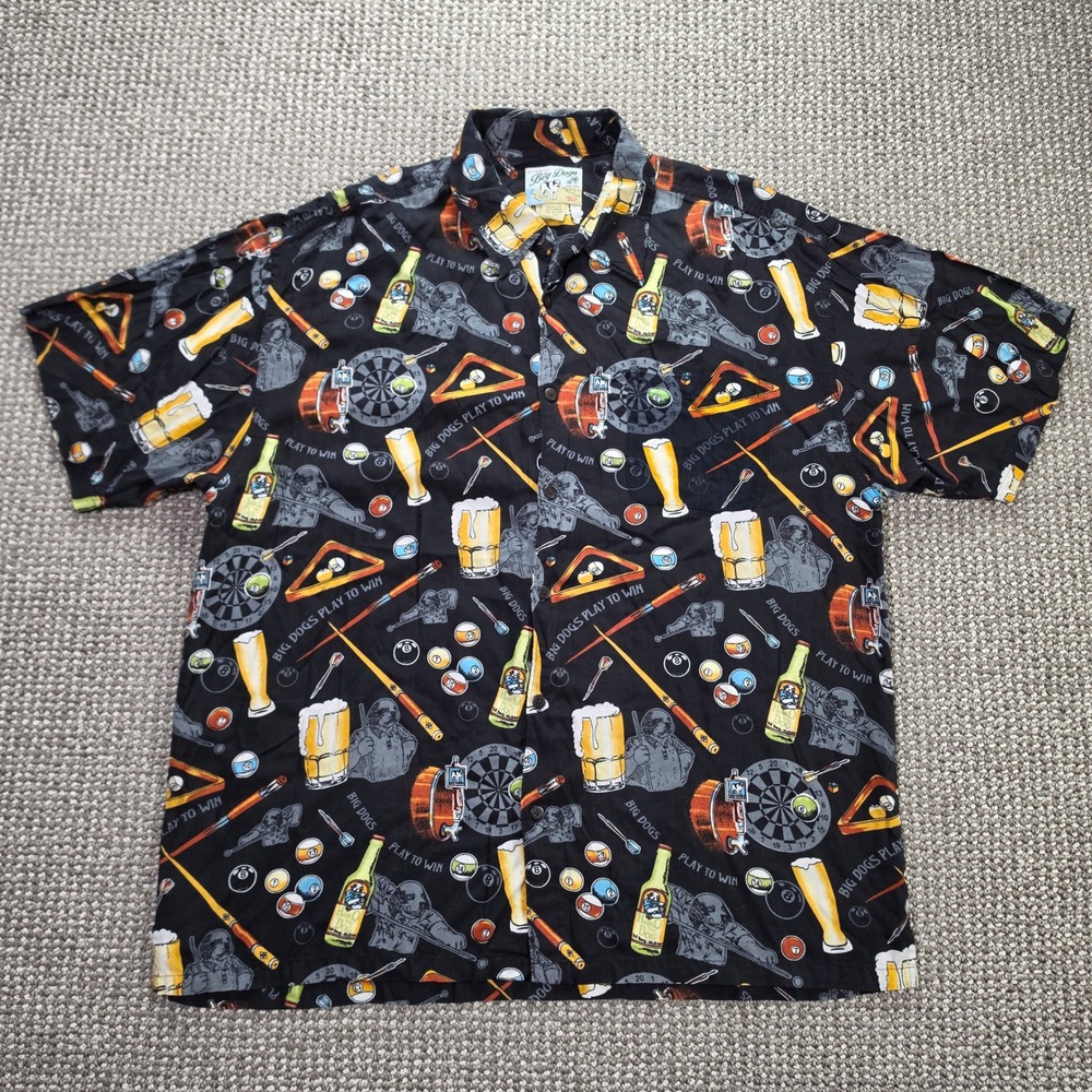 Vintage Big Dogs Play To Win Shirt Mens XL Billiards Beer Darts AOP Rayon Y2k